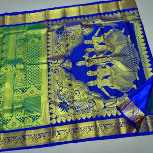 Kanchipuram Silk Saree – Blue Bharatanattiyam Pallu w/ blouse