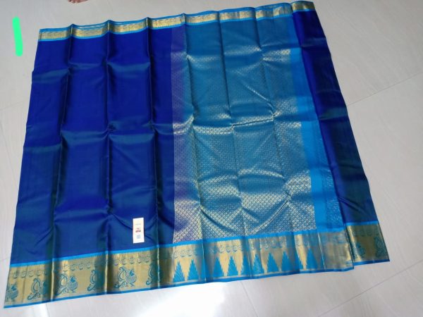 Kanchi Soft Silk Sarees Peacock and Temple Design Dark Cerulean Blue w ...