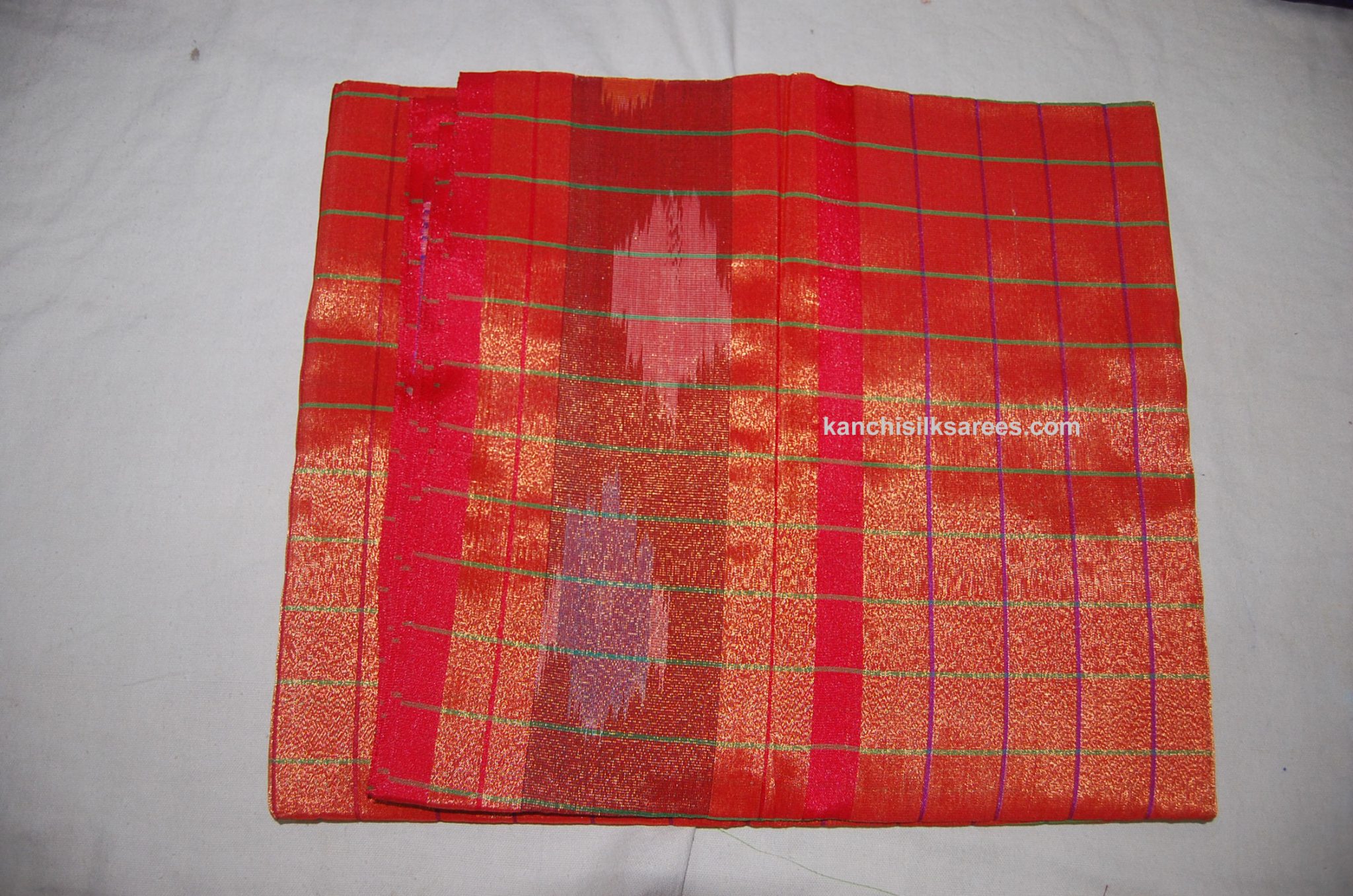 Kanchi Semi Silk Cotton Small Checks Sarees Fire Red Color Fully Zari ...