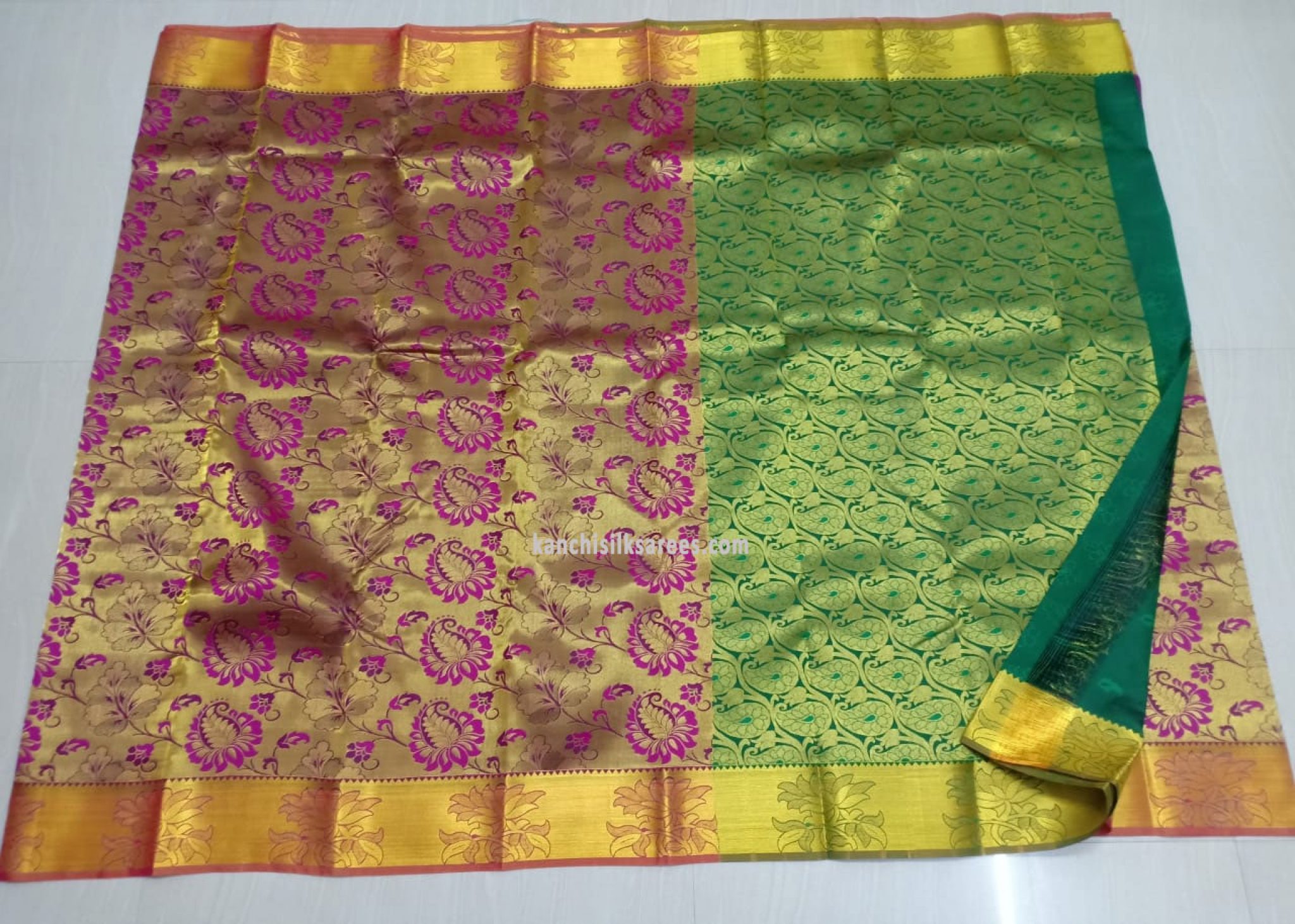 Full Mango Flower Design Kanchi Pure Silk Sarees Magenta w/ Green Color ...