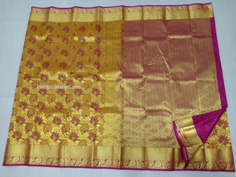 Kanchipuram Pure Silk Sarees Lotus Flower Design Gold Yellow w/ Magenta ...