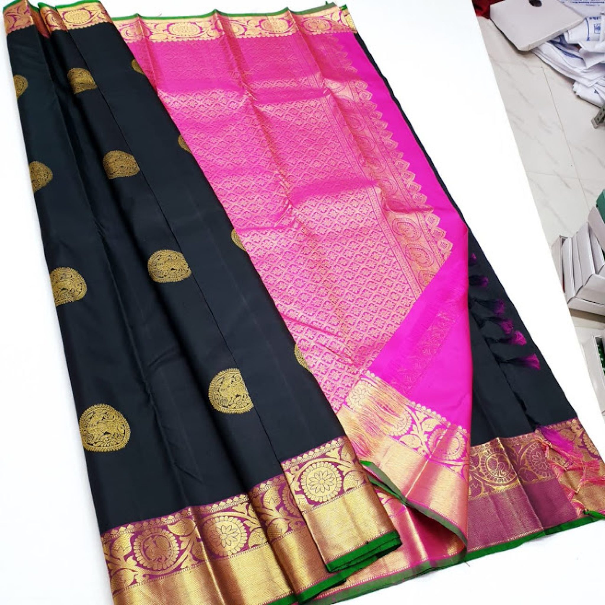 New Annam Design Arrival Big Border Kanchipuram Silk Saree Bridal Collection Black W Rose Color 