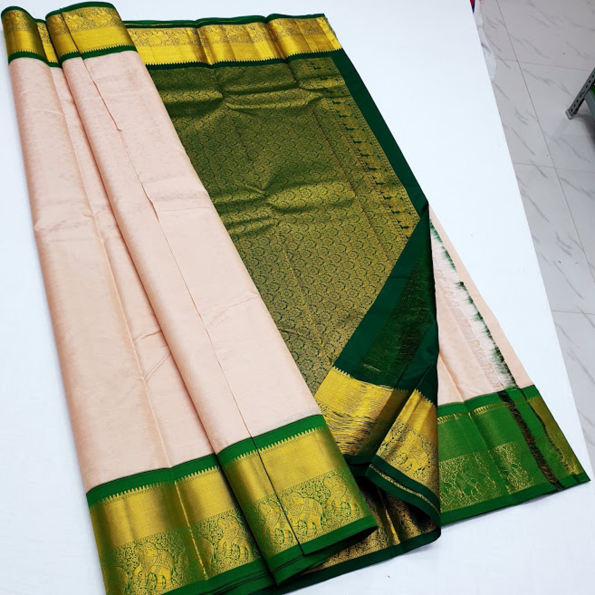 Elephant Design Kanchi Korvai Pure Silk Saree Off White Green Border Pinkgreen Border 5437