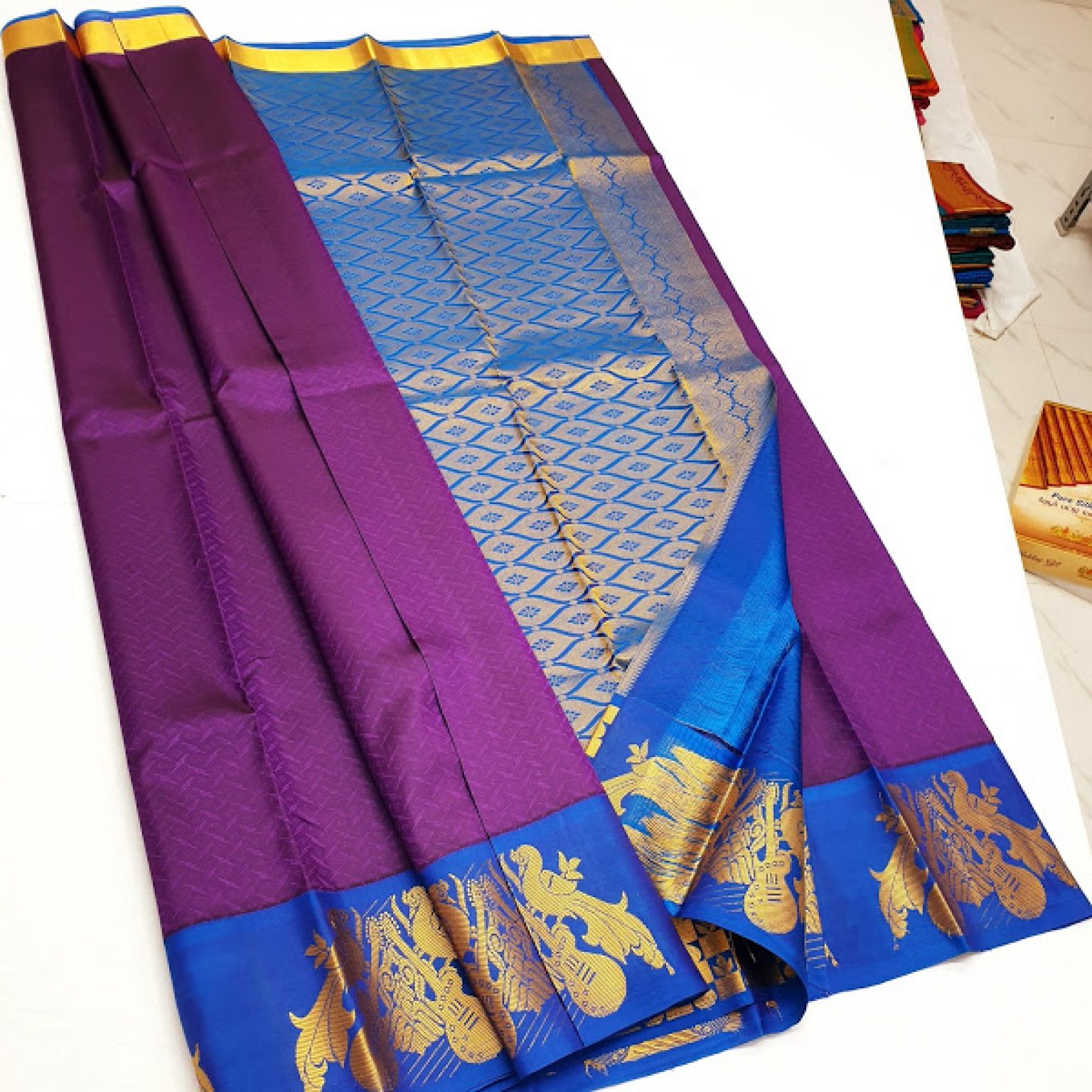 New Peacock and Guitar Design Kanchi Korvai Pure Silk Saree (Honey