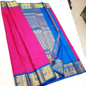 Mango Design Kanchi Korvai Pure Silk Saree (Pink / Navy Blue)