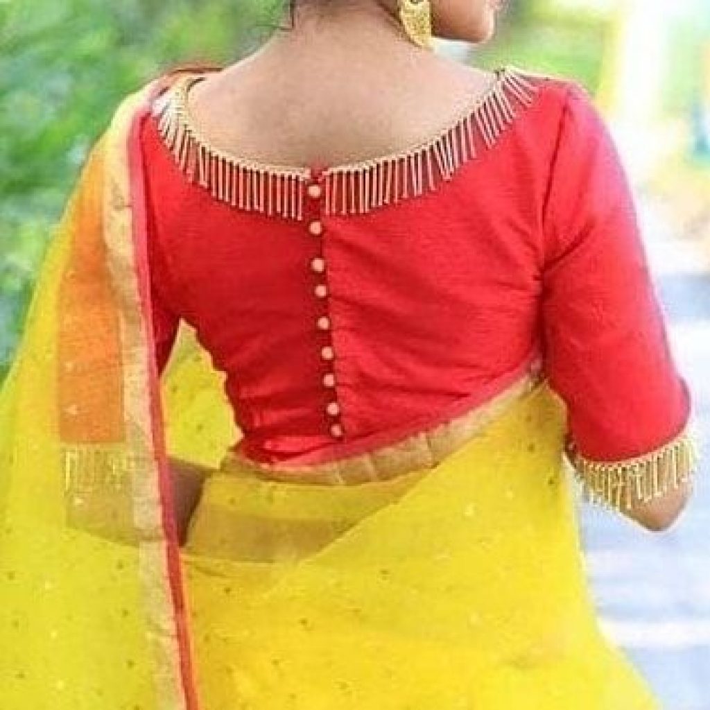 back-neck-modern-blouse-gold-beads-work-red-color-kanchipuram-silk-sarees