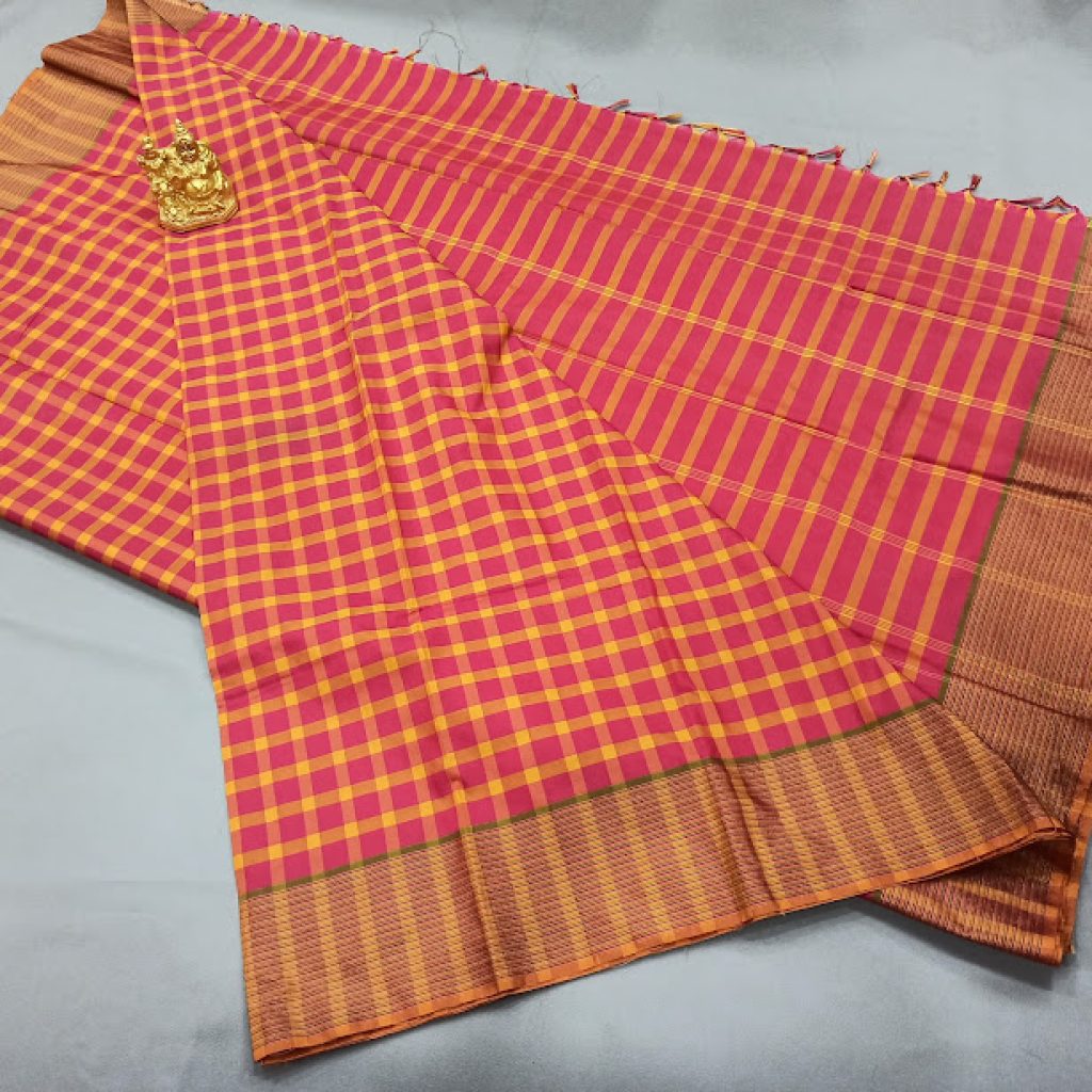 small-checks-semi-soft-silk-saree-light-weight-pink-color-kanchipuram-silk-sarees