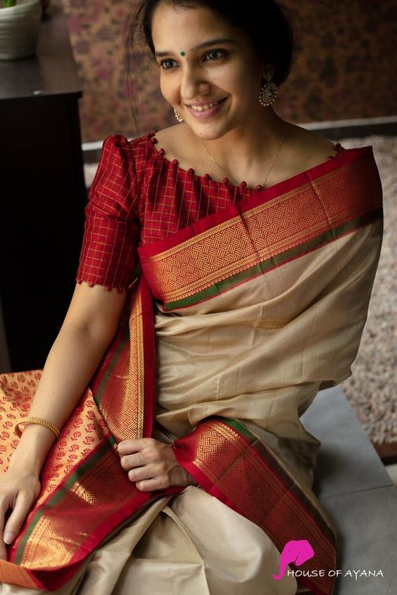 Boat Neck Blouse Design Red Color Kanchipuram Silk Sarees