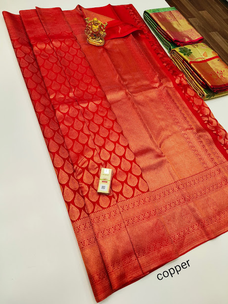 Kumbarpattu Kanchipuram Semi-silk saree in Red Colour with copper work –  Griiham