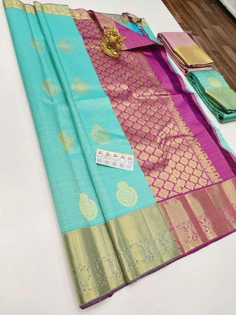 Pure Kanjivaram Fancy Silk Saree Rama Blue Color W Blouse Kanchipuram Silk Sarees