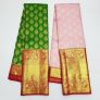 New Design Kanjivaram Pure Silk Saree Bridal Collection Full Koravai Small Border and Big Border WEDDING Sarees (Green / Lotus Rose)