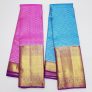 Small Checks Design Kanchipuram pure silk saree bridal collection full koravai small border and big border WEDDING sarees (Rose / Sky Blue)